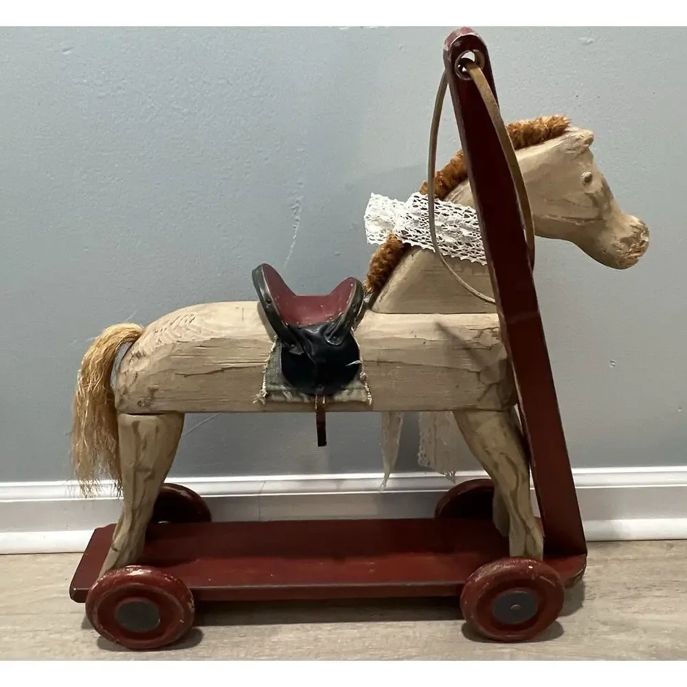 Antique Primitive Folk Art Wooden Horse Pull Toy on Wheels Leather Saddle 22”